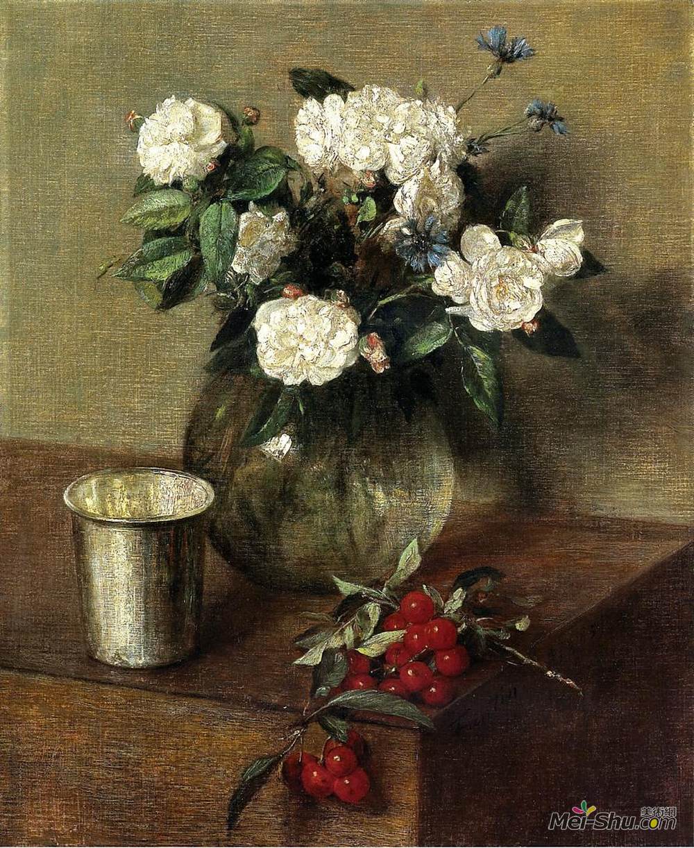 亨利·方丹·拉图尔(Henri Fantin-Latour)高清作品《白玫瑰和樱桃》