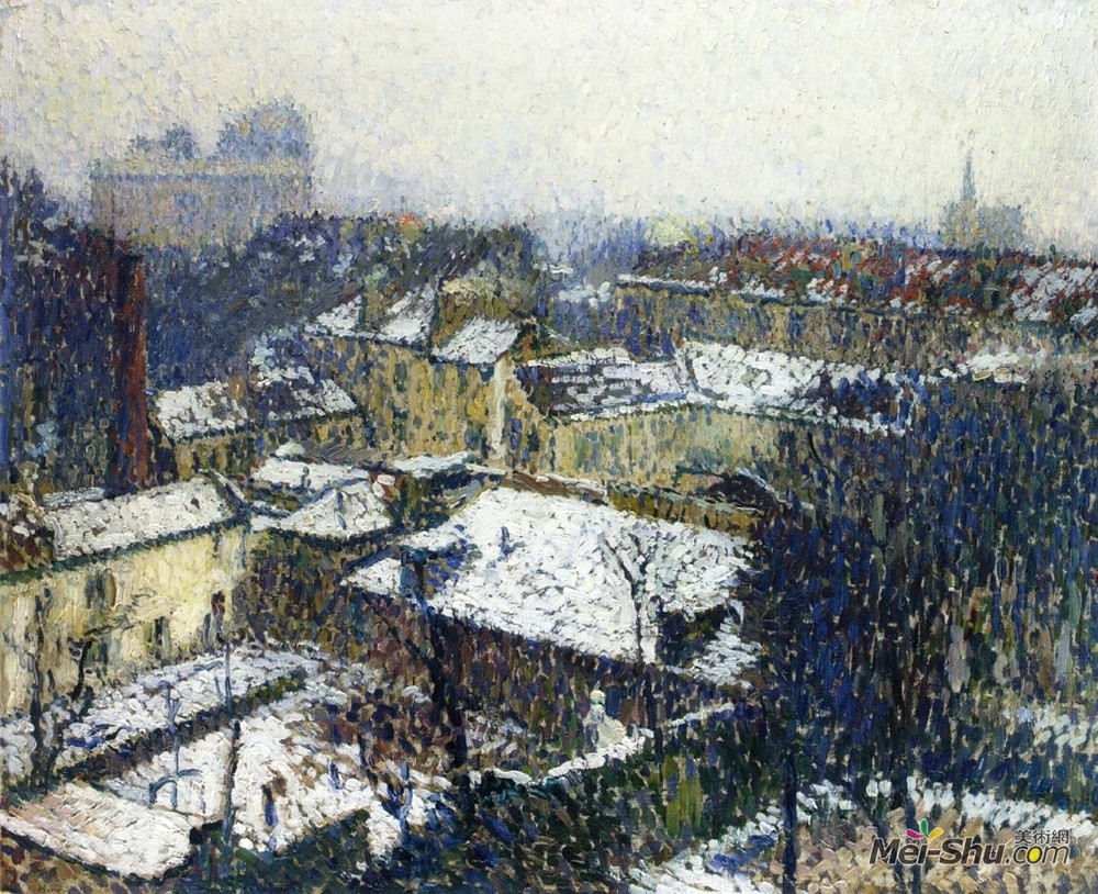 亨利马丁(Henri Martin)高清作品《雪景中的巴黎屋顶，艺术家与放大器的视角》