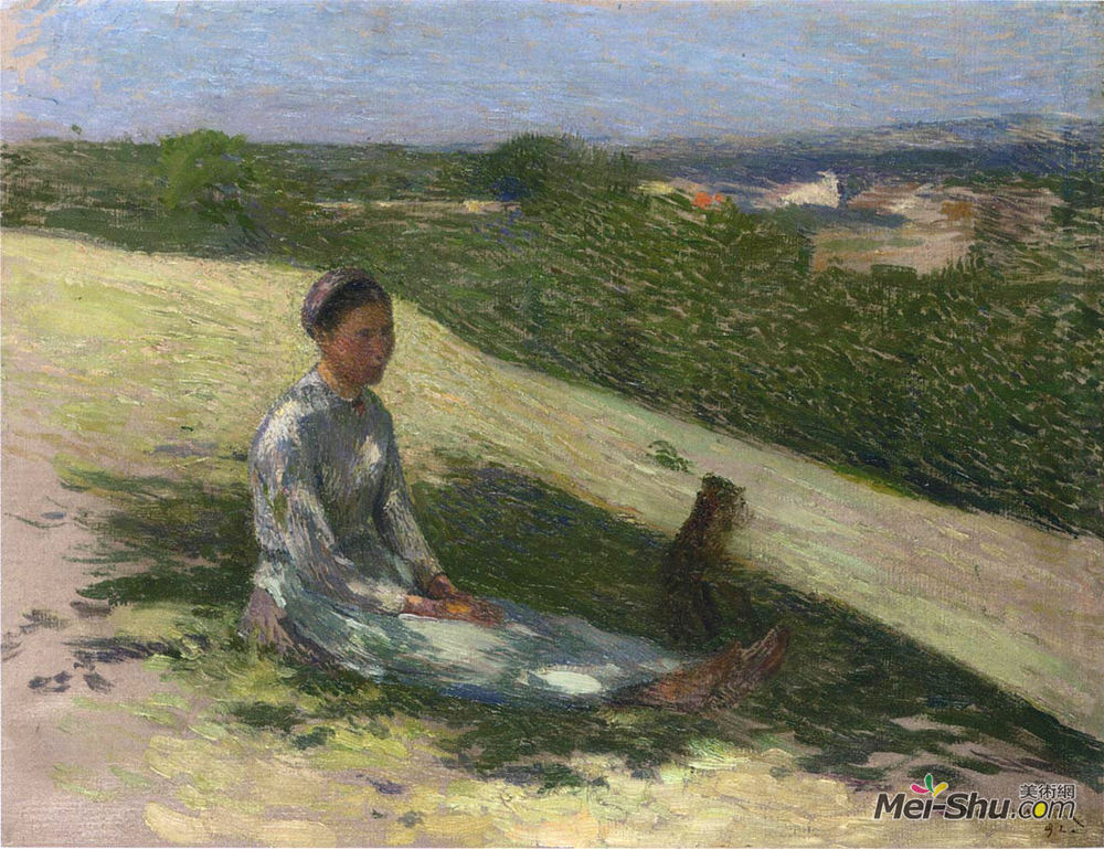 亨利马丁(Henri Martin)高清作品《年轻的农家女孩和她的狗》