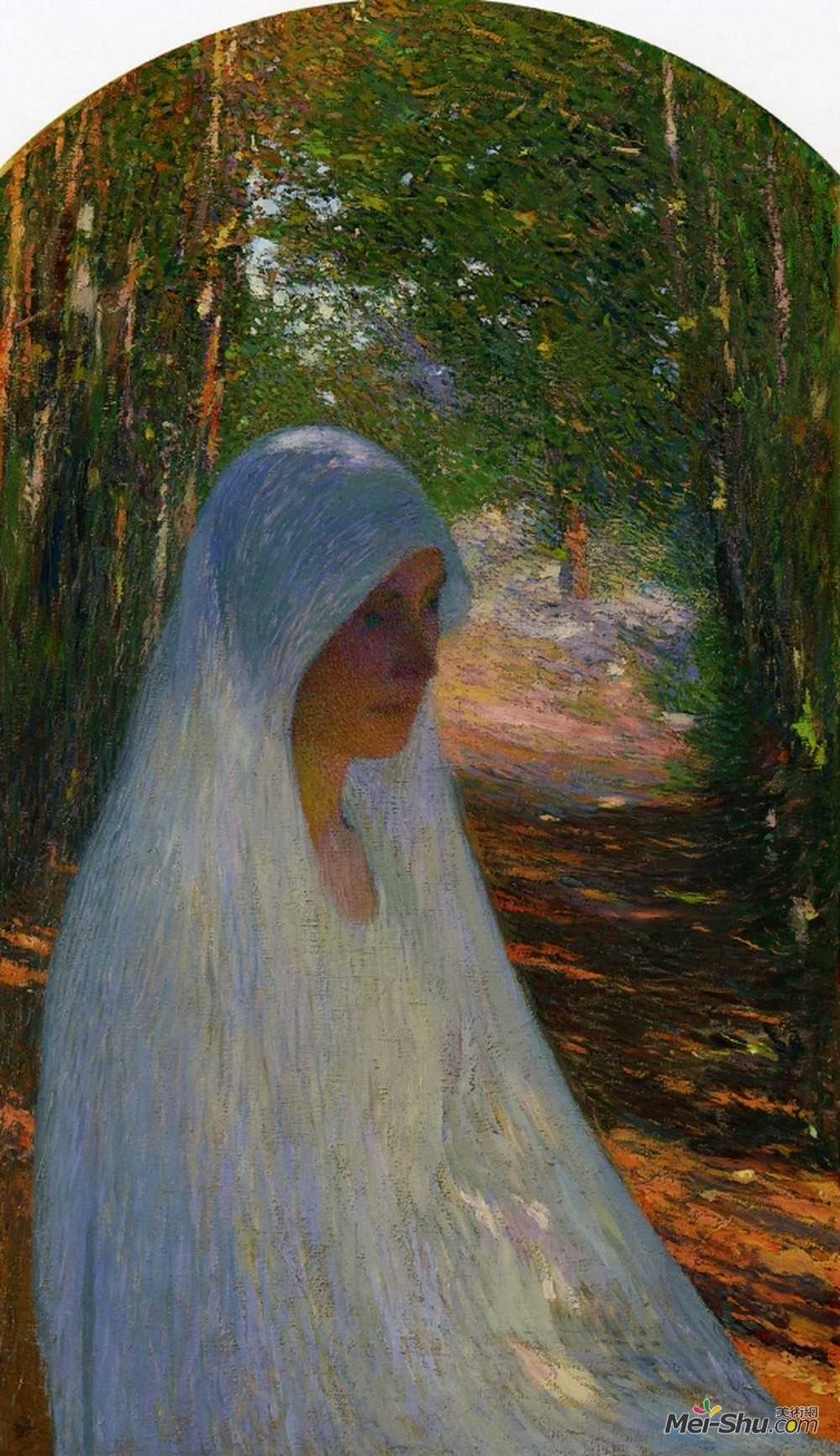 亨利马丁(Henri Martin)高清作品《在森林里用白色遮蔽的年轻女子》