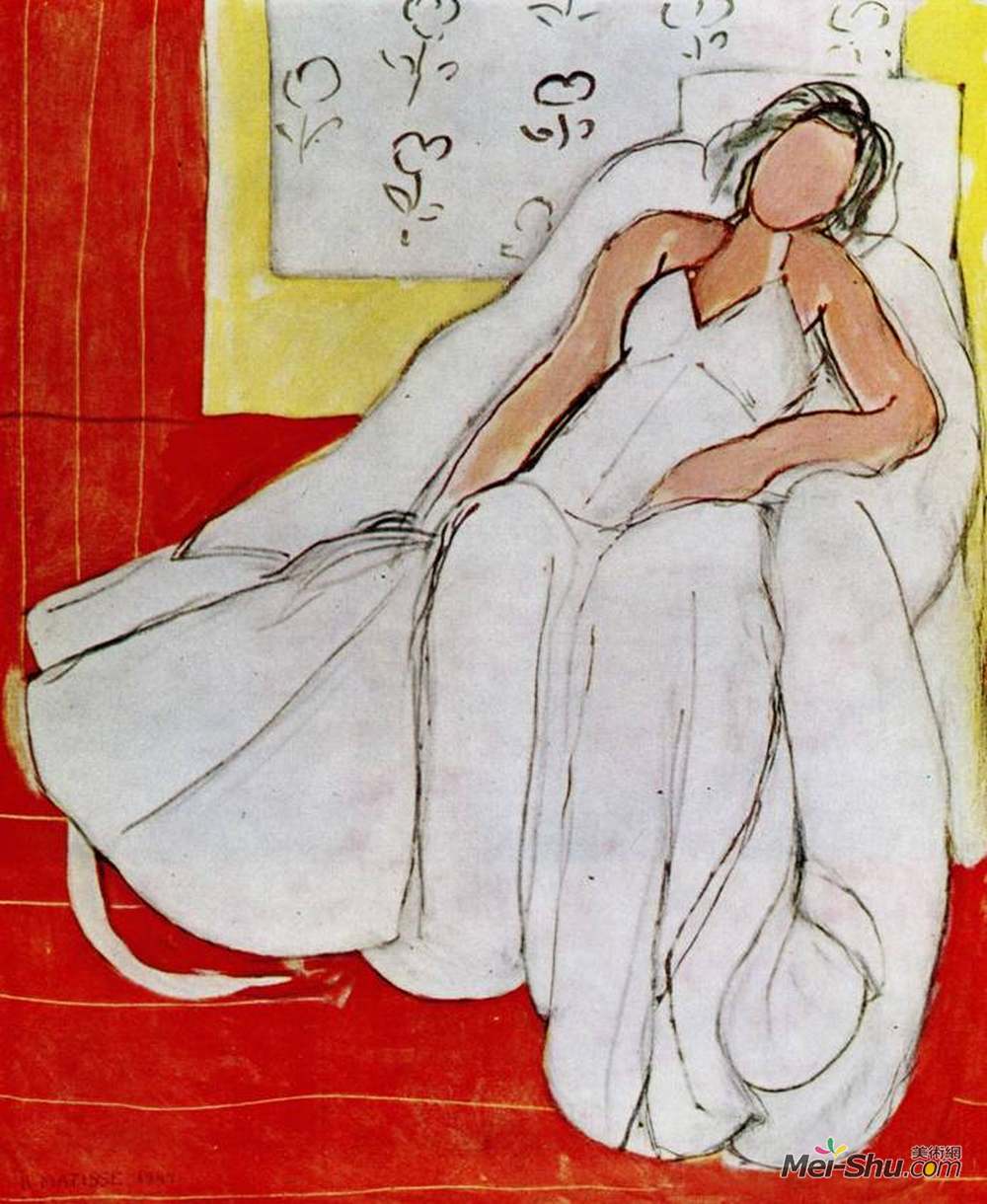 亨利·马蒂斯(Henri Matisse)高清作品《红色背景下的白袍女孩》