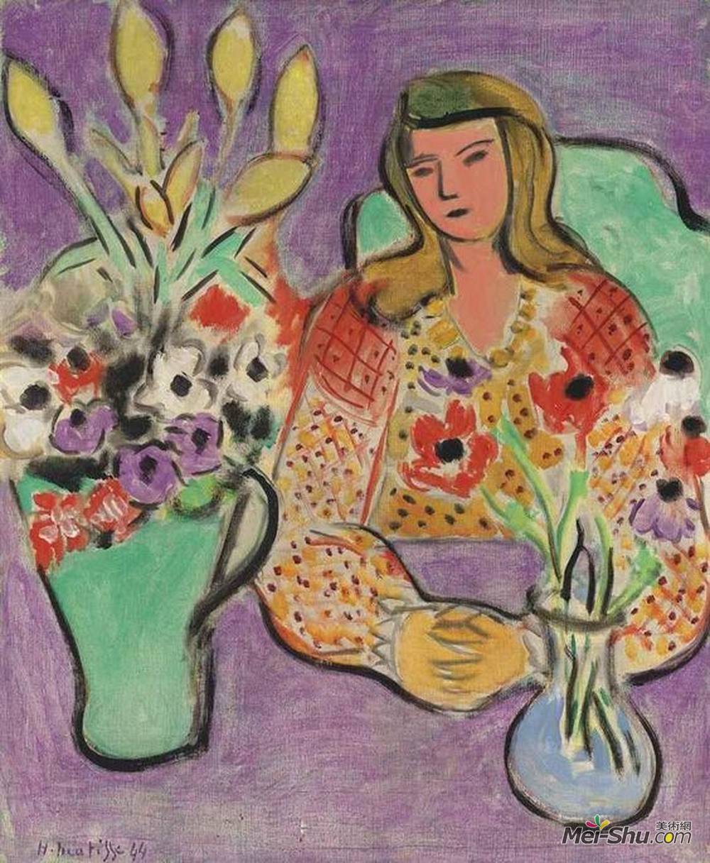 亨利·马蒂斯(Henri Matisse)高清作品《年轻的女孩在紫色背景呢》