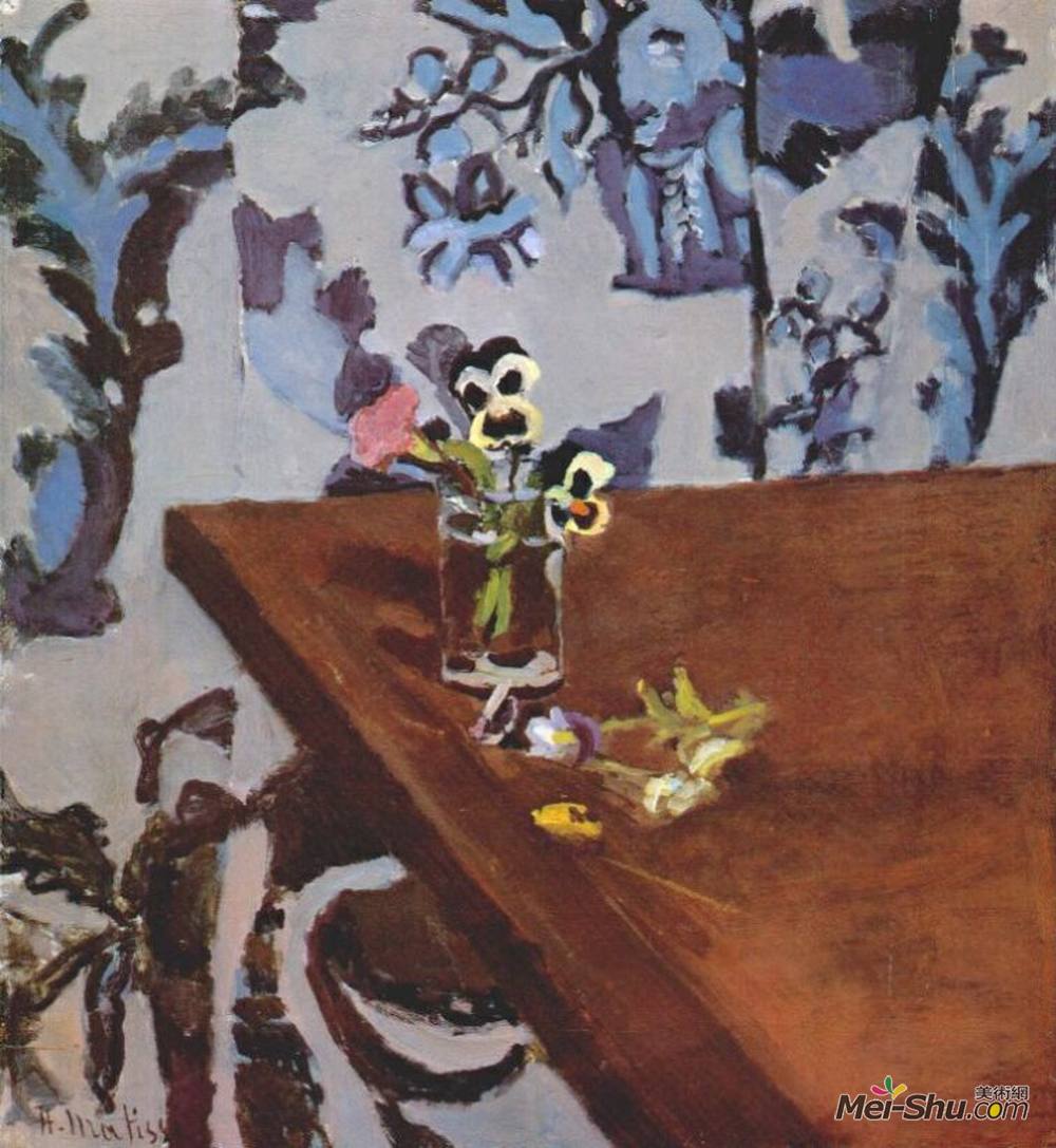 亨利·马蒂斯(Henri Matisse)高清作品《桌子上的三色紫罗兰》