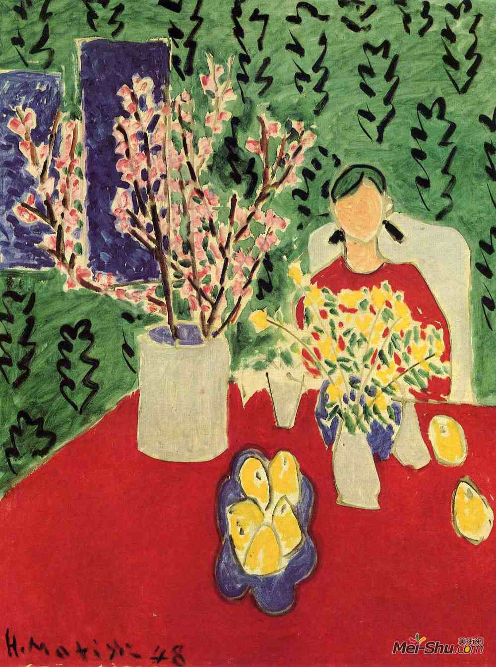 油画4911《梅花,绿色背景》亨利·马蒂斯(henri matisse)高清作品欣赏