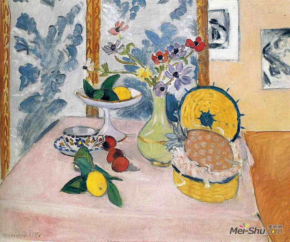 亨利·马蒂斯(Henri Matisse)高清作品《静物，菠萝，水果碗，水果，银莲花瓶》