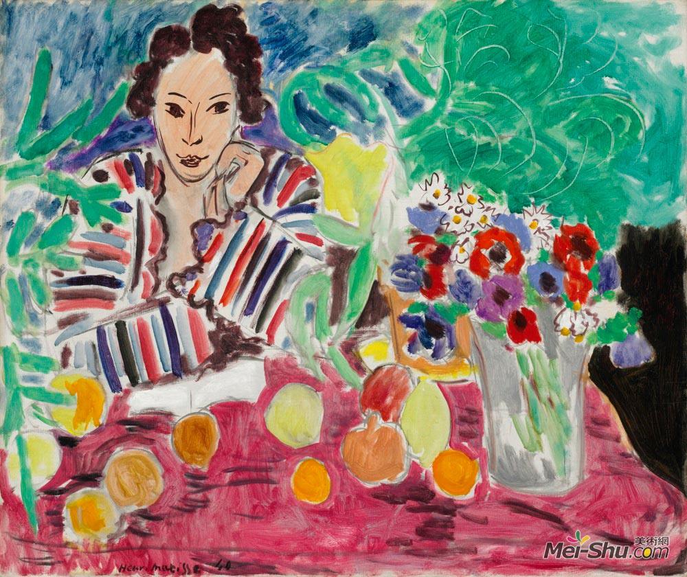 条纹长袍水果和银莲花亨利马蒂斯henrimatisse高清作品欣赏