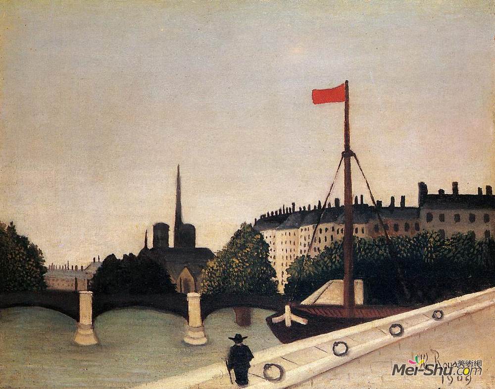 亨利·卢梭(Henri Rousseau)高清作品《Notre Dame View of the Ile Saint Louis from the Quai Henri I》