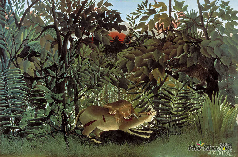 亨利·卢梭(Henri Rousseau)高清作品《饥饿的狮子扑向羚羊。》