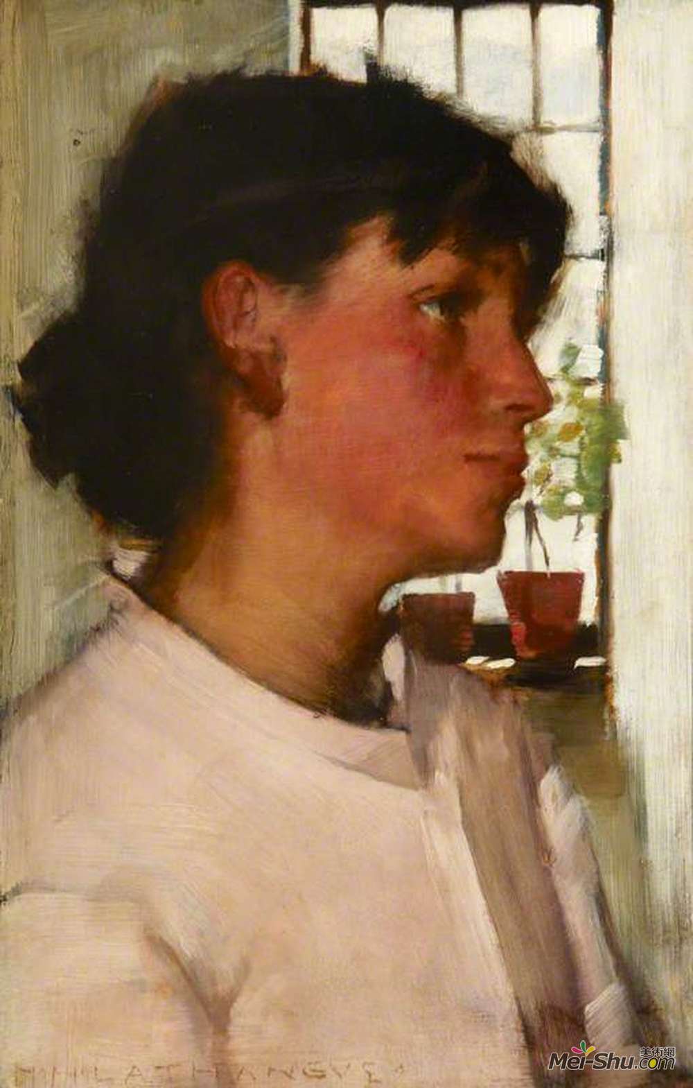 亨利·赫尔伯特·拉坦格(Henry Herbert La Thangue)高清作品《Study of the Bust of a Young Cornishwoman, with a Window beh》