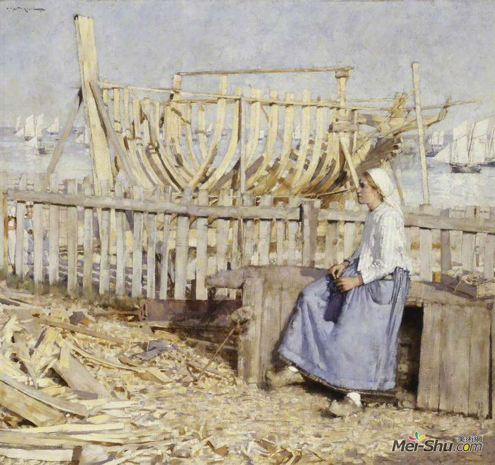 亨利·赫尔伯特·拉坦格(Henry Herbert La Thangue)高清作品《造船厂的院子，康卡勒，布列塔尼犬》