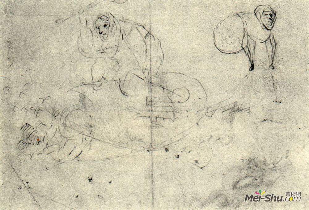 希罗尼穆斯·波希(Hieronymus Bosch)高清作品《在蜂箱和怪物中的图形（草图2）》