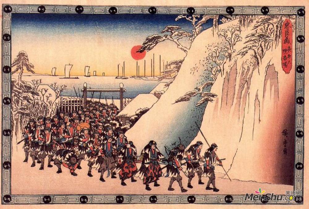 歌川广重(Hiroshige)高清作品《Ronin Enter Sengakuji Temple to Pay Homage to Their Lord, En》