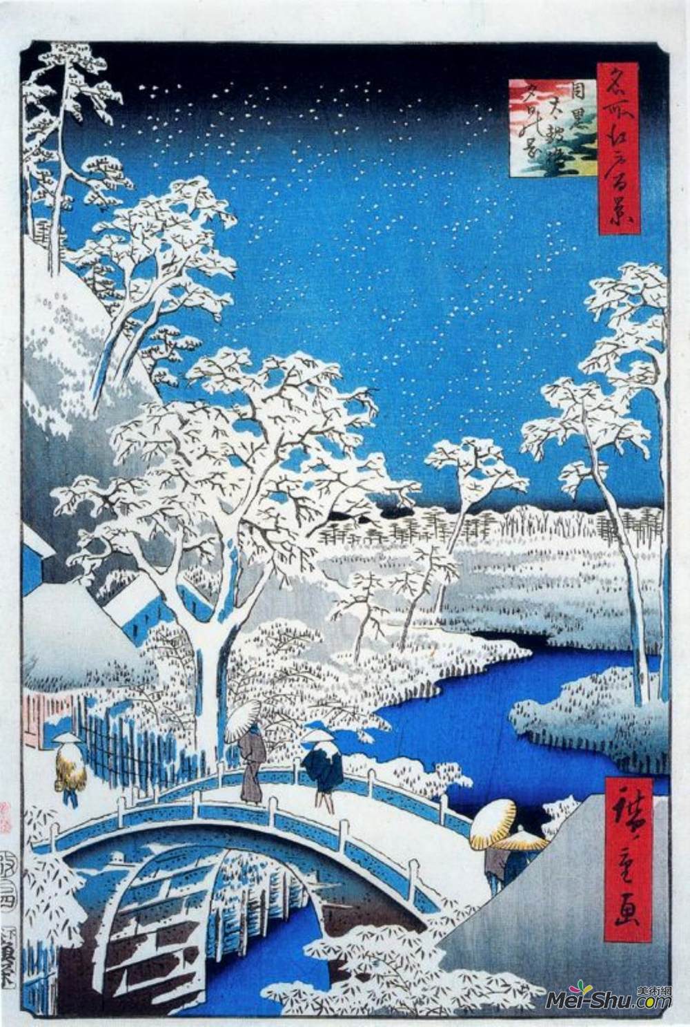 歌川广重(Hiroshige)高清作品《鼓楼和夕阳山，目黑》