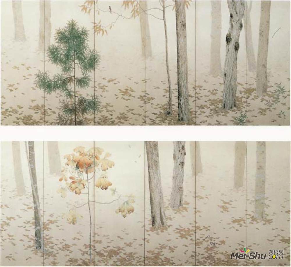 菱田春草(Hishida Shunso)高清作品《Fallen Leaves (Ochiba)》