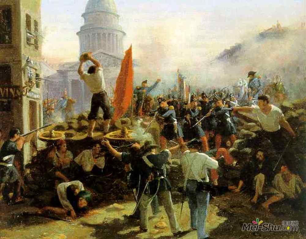 贺拉斯·贝内特(Horace Vernet)高清作品《Street Fighting on Rue Soufflot, Paris, June 25, 1848》