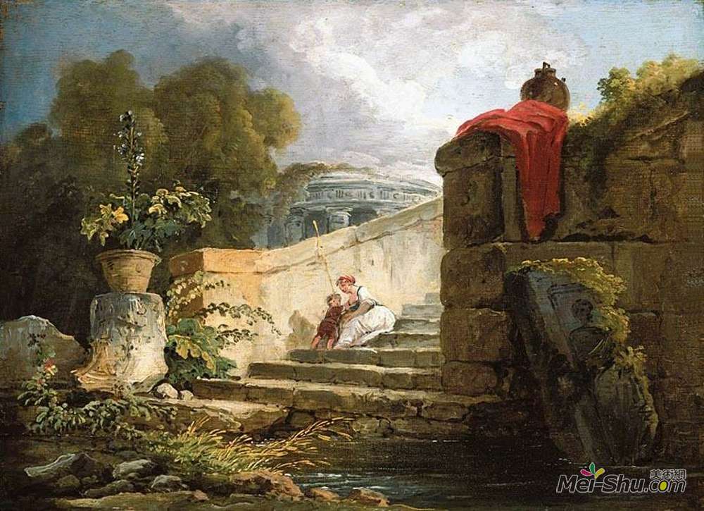 休伯特·罗伯特(Hubert Robert)高清作品《A Scene in the Grounds of the Villa Farnese, Rome》