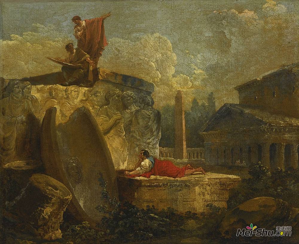 休伯特·罗伯特(Hubert Robert)高清作品《风景秀丽的古迹中的绘图员》