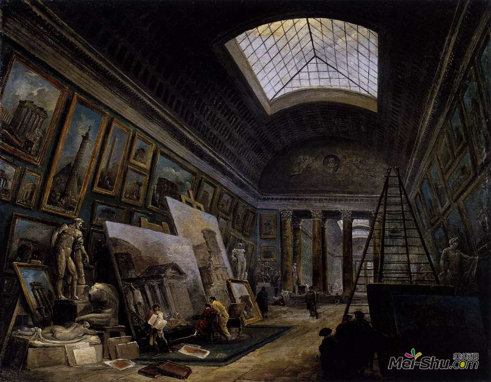 休伯特·罗伯特(Hubert Robert)高清作品《卢浮宫格兰德画廊的虚构景观》