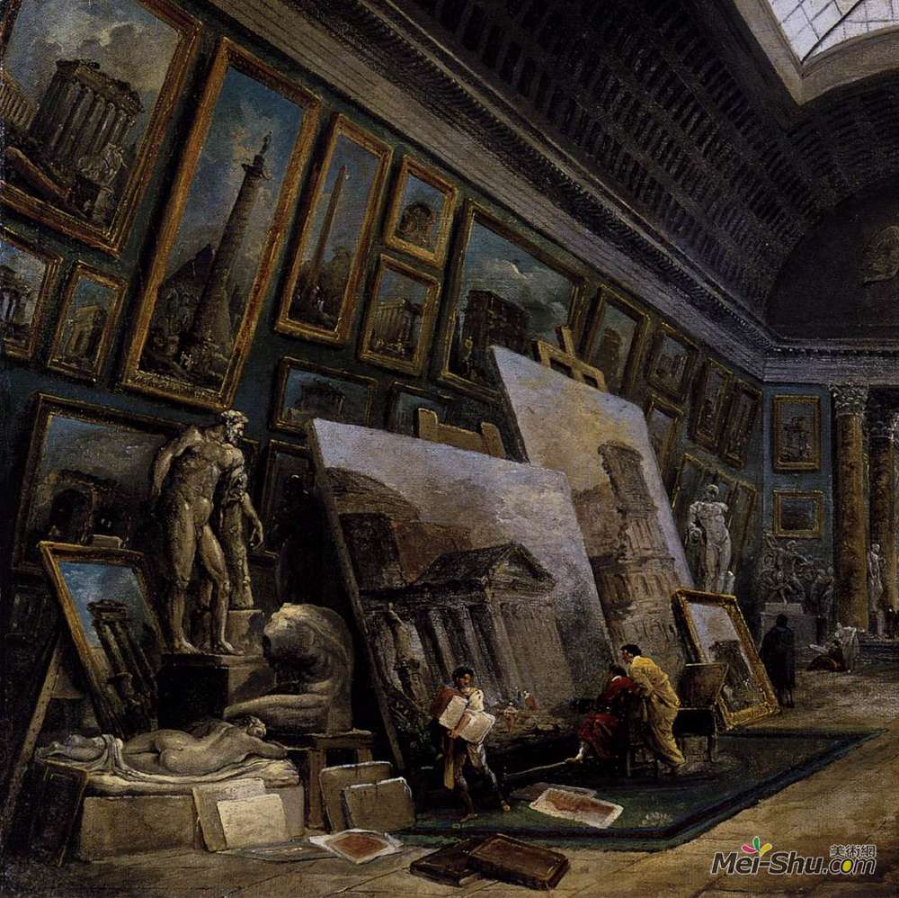 休伯特·罗伯特(Hubert Robert)高清作品《卢浮宫格兰德画廊的虚构景观（细节）》