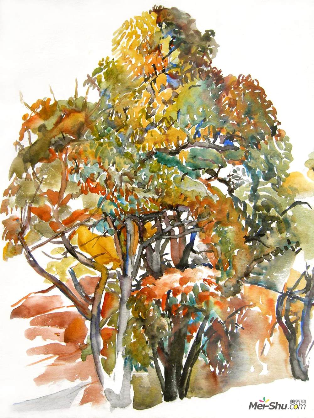 胡伯廷海耶曼(Hubertine Heijermans)高清作品《Chestnut trees in the autumn in Antagnes, Switzerland - wate》