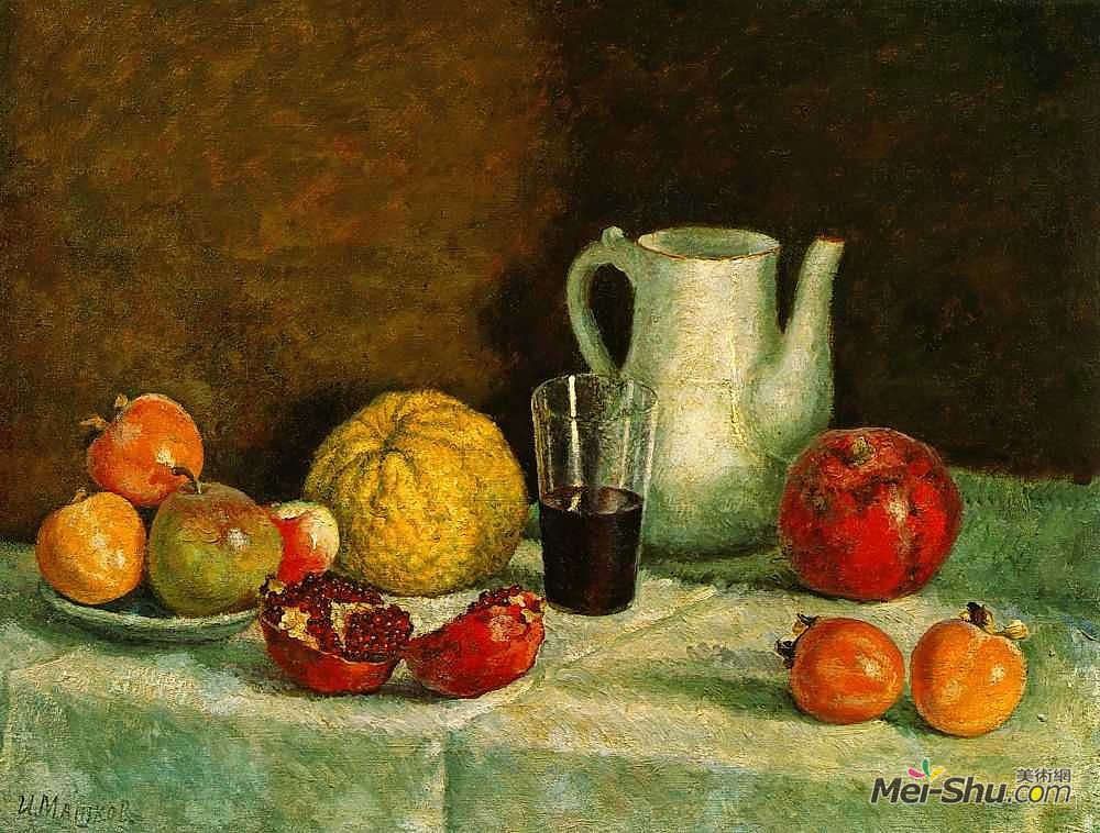 伊利亚·马什科娃(Ilya Mashkov)高清作品《静物与破碎的石榴》