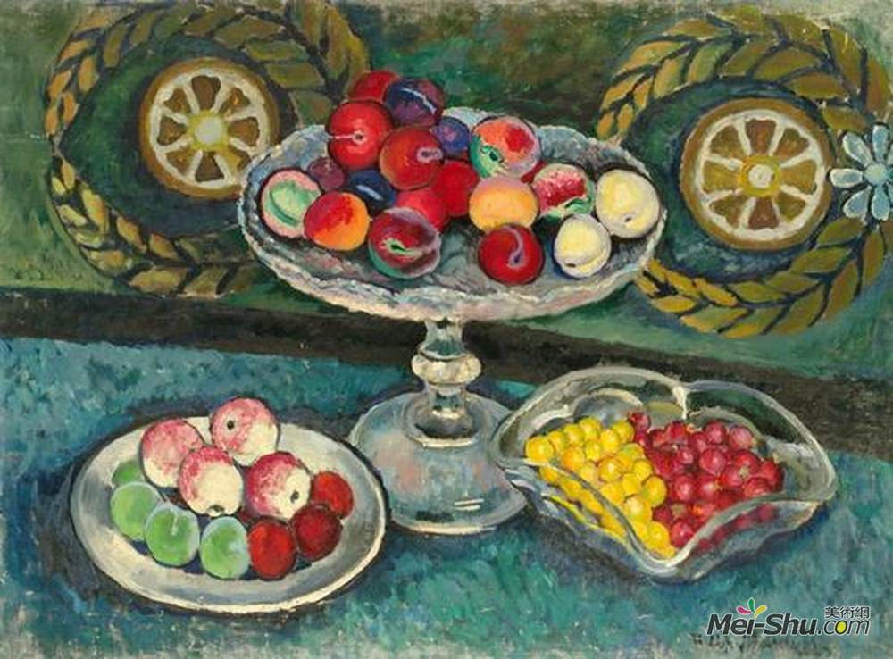 《花环,苹果和李子的静物》伊利亚·马什科娃(ilya mashkov)高清作品