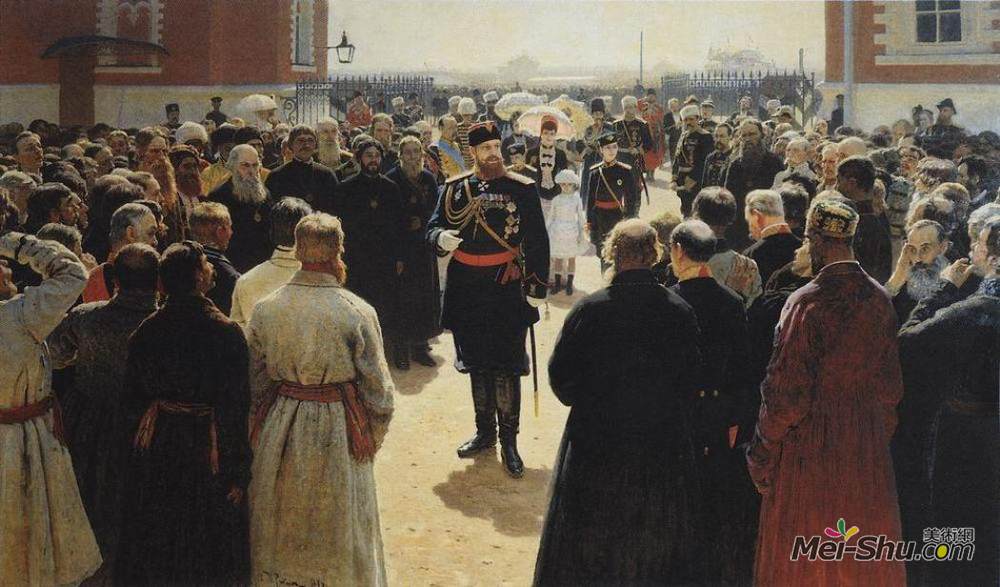 伊利亚·叶菲莫维奇·列宾(Ilya Repin)高清作品《亚历山大三世在院子里接收农村地区的长老》
