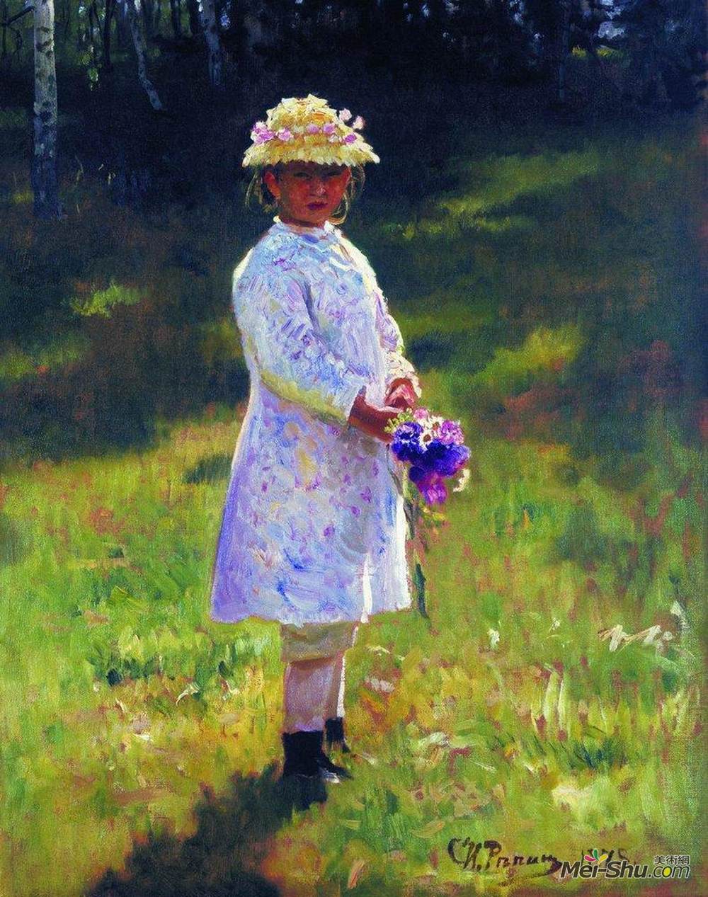 伊利亚·叶菲莫维奇·列宾(Ilya Repin)高清作品《有花的女孩。艺术家的女儿。》