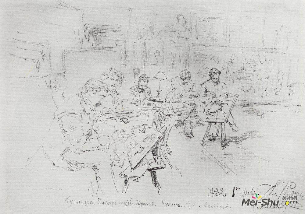 伊利亚·叶菲莫维奇·列宾(Ilya Repin)高清作品《In Repins studio. Drawing evening.》