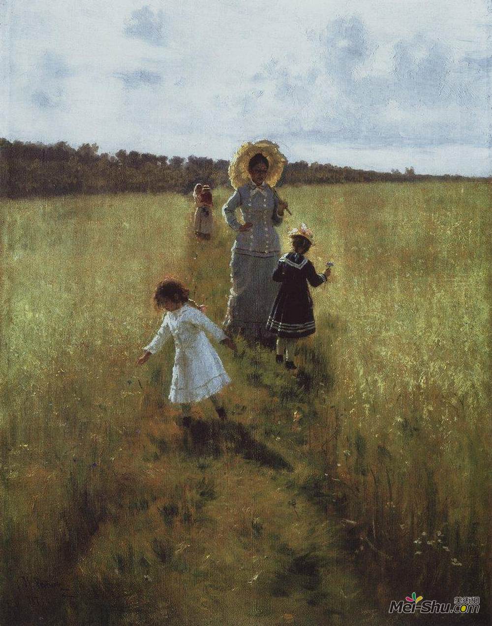 伊利亚·叶菲莫维奇·列宾(Ilya Repin)高清作品《在边界路径上。瑞皮娜和孩子们继续》
