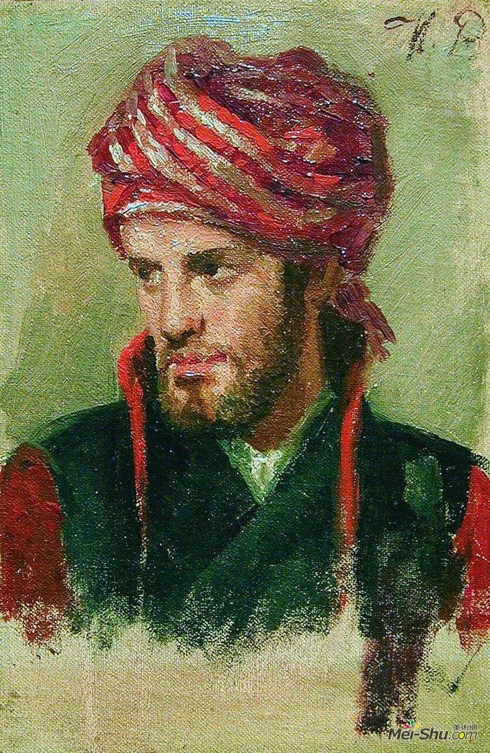 伊利亚·叶菲莫维奇·列宾(Ilya Repin)高清作品《一个身穿头巾的年轻人的肖像》