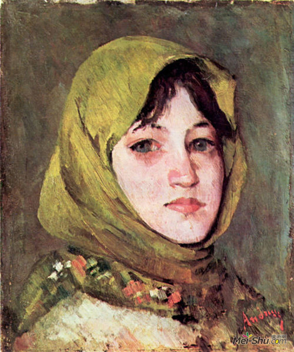 恩·安德烈斯丘(Ion Andreescu)高清作品《有绿色头巾的农民妇女》