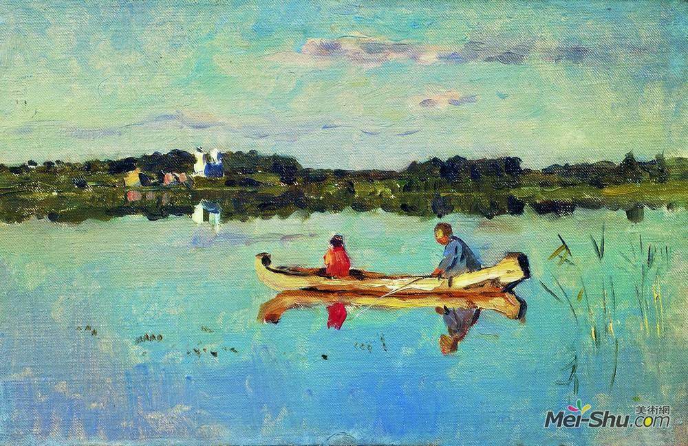 列维坦(Isaac Levitan)高清作品《在湖边。渔民。》