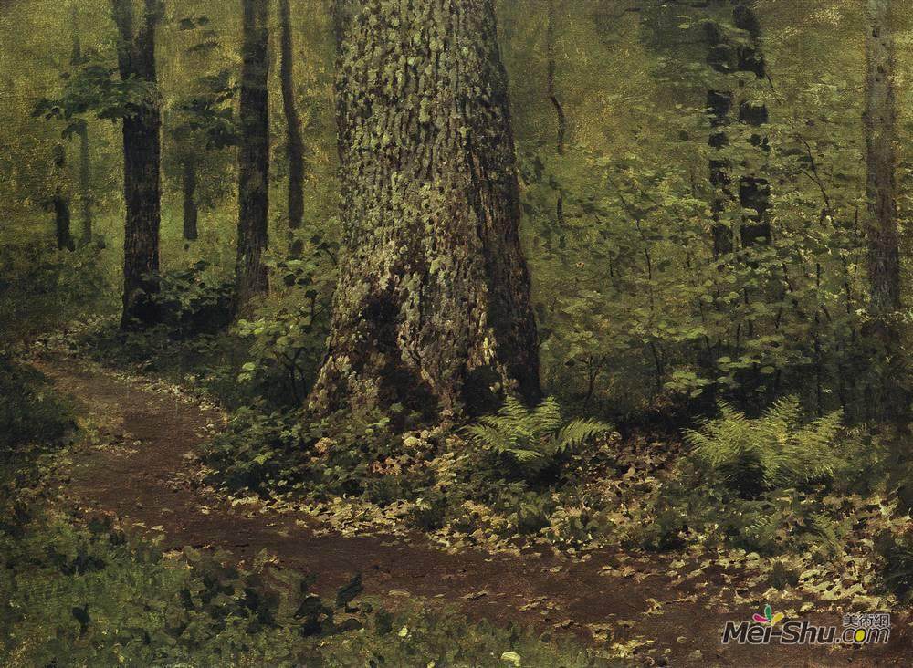 列维坦(Isaac Levitan)高清作品《森林中的人行道蕨类植物。》