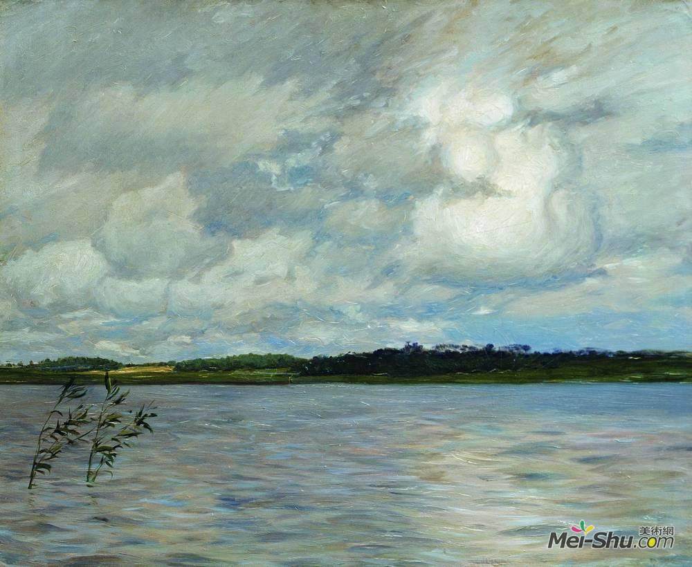 列维坦(Isaac Levitan)高清作品《湖心岛。灰色的一天。》