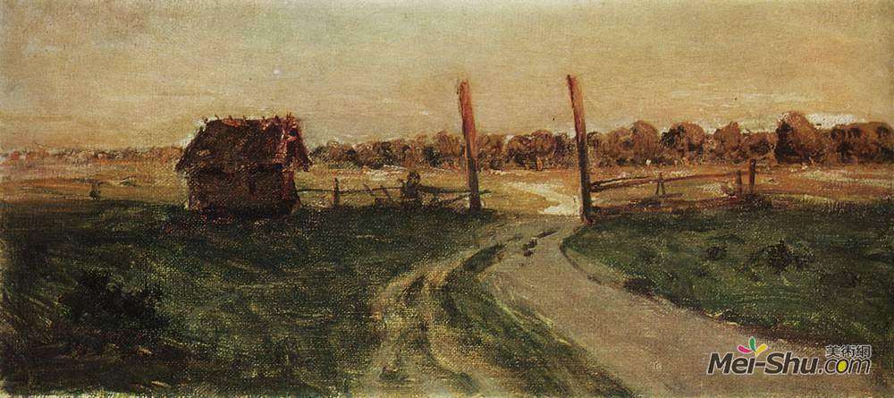 列维坦(Isaac Levitan)高清作品《Landscape with an isba.》