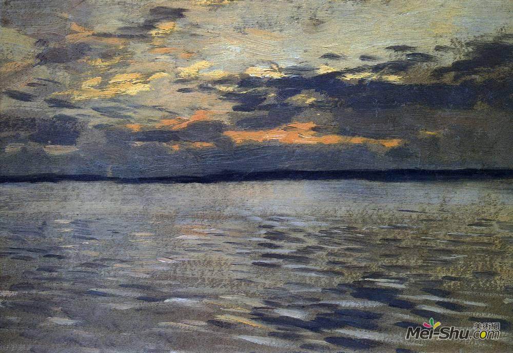 列维坦(Isaac Levitan)高清作品《湖心岛。黄昏。》