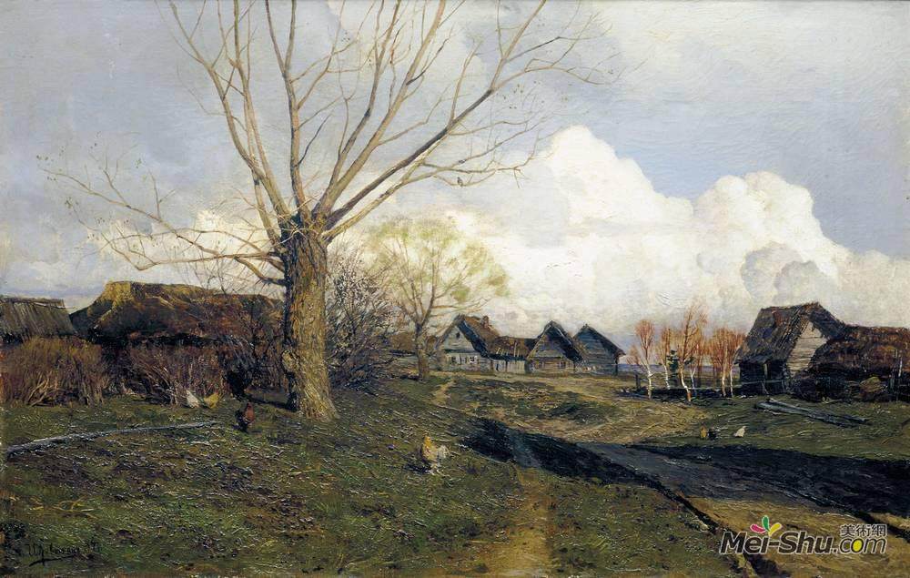 列维坦(Isaac Levitan)高清作品《Village Savvinskaya near Zvenigorod》