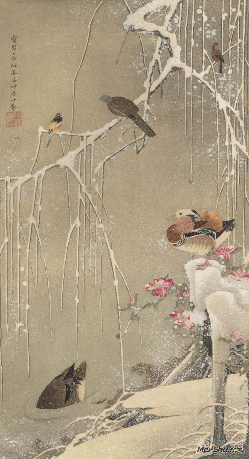 伊藤若冲(Ito Jakuchu)高清作品《柳树和鸳鸯在雪地里》
