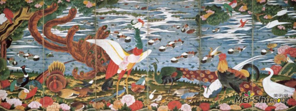 伊藤若冲(Ito Jakuchu)高清作品《想象中的鸟类、动物和开花植物》