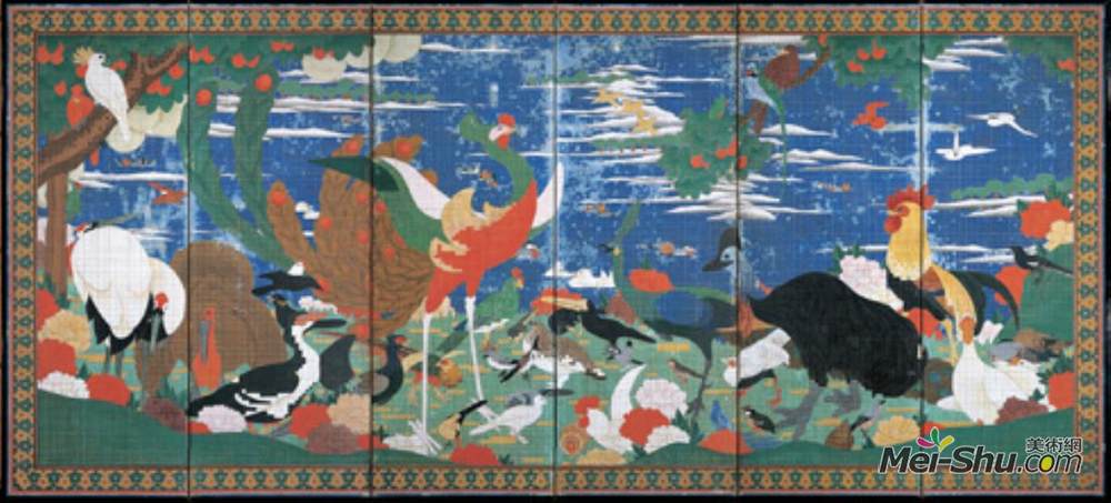 伊藤若冲(Ito Jakuchu)高清作品《想象中的鸟类、动物和开花植物》