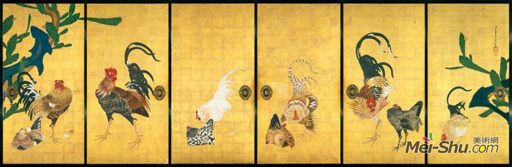 伊藤若冲(Ito Jakuchu)高清作品《仙人掌和公鸡》