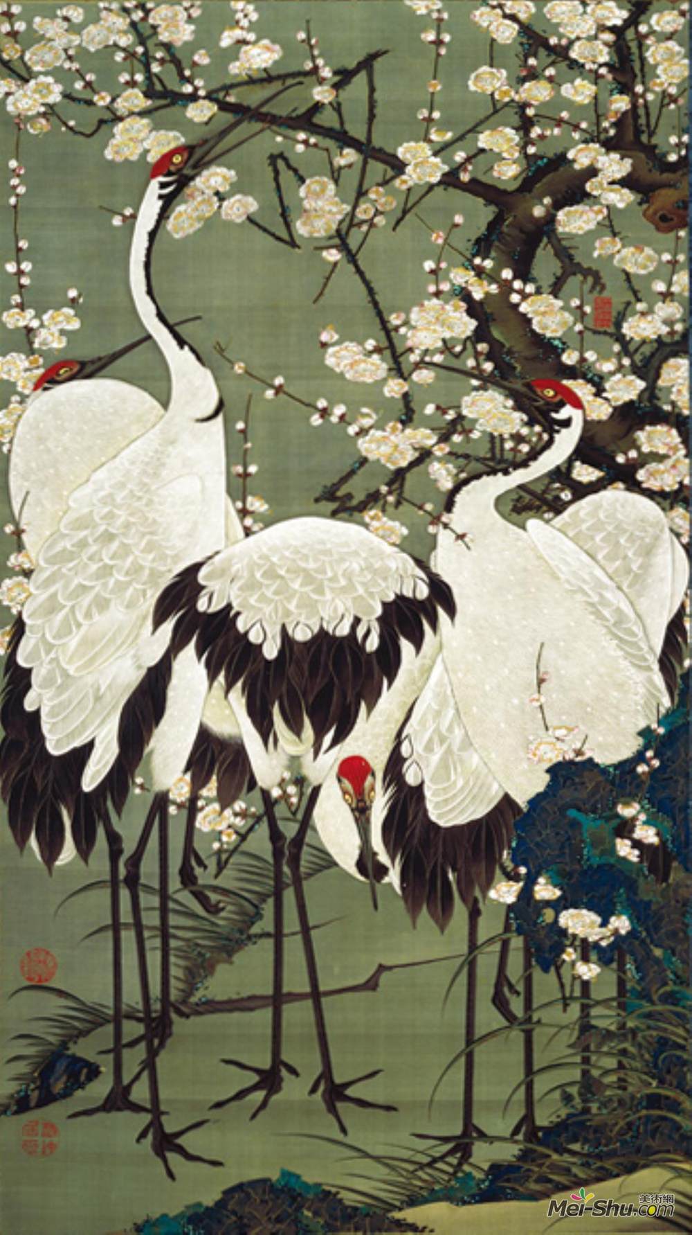 伊藤若冲(Ito Jakuchu)高清作品《梅花花瓣和钢琴季》
