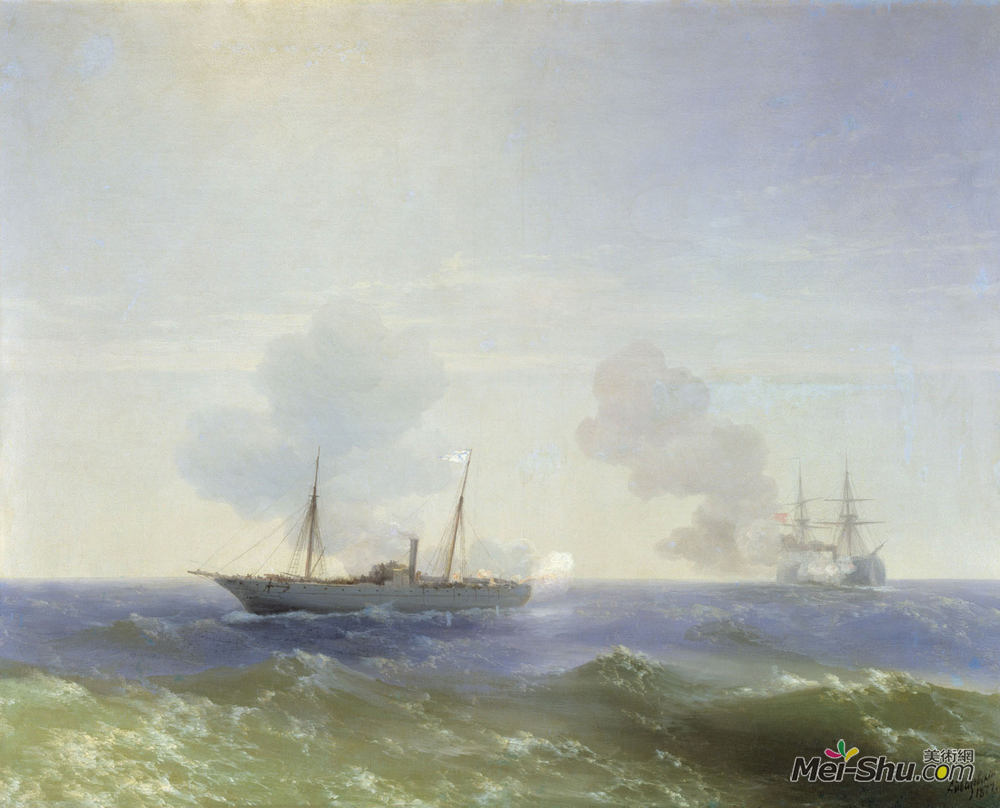 艾伊瓦佐夫斯基(Ivan Aivazovsky)高清作品《轮船维斯塔与土耳其铁甲之战》