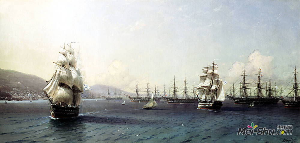 艾伊瓦佐夫斯基(Ivan Aivazovsky)高清作品《菲奥多西亚海湾黑海舰队》