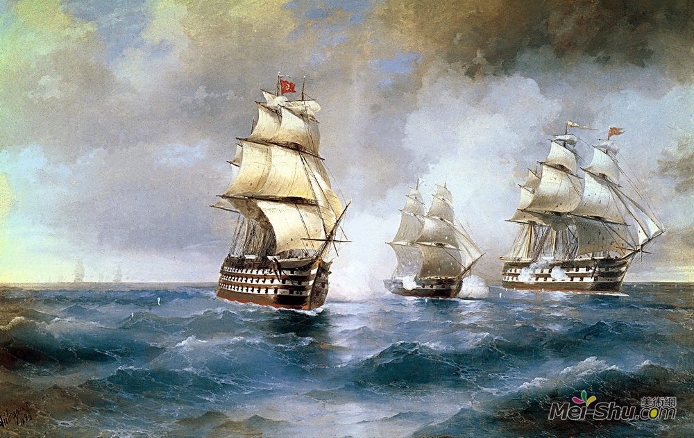 艾伊瓦佐夫斯基(Ivan Aivazovsky)高清作品《由两艘土耳其船只袭击的水星》
