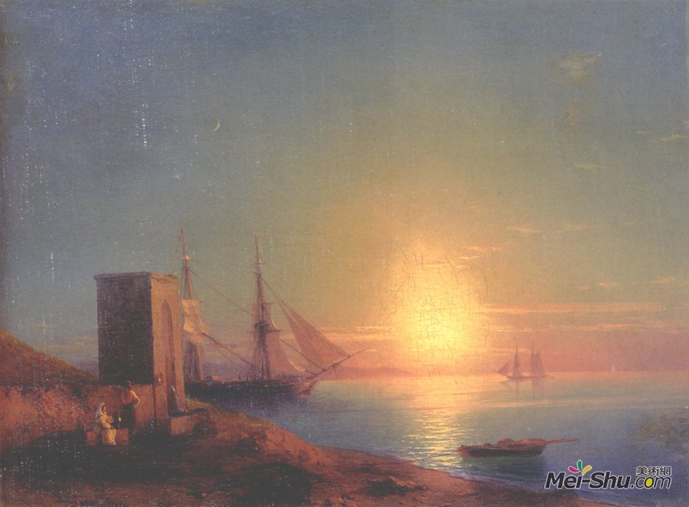 艾伊瓦佐夫斯基(Ivan Aivazovsky)高清作品《日落时海岸景观中的人物》