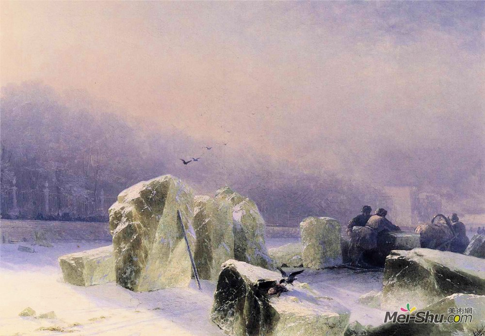 艾伊瓦佐夫斯基(Ivan Aivazovsky)高清作品《在圣彼得堡的冰冻涅瓦河上的破冰船》