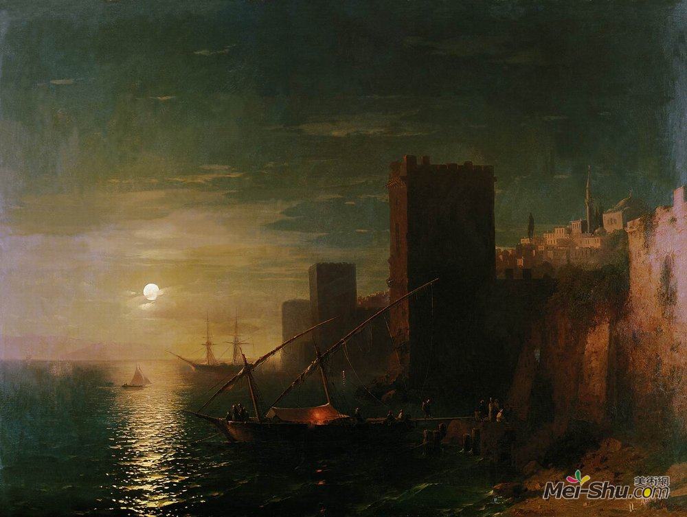 艾伊瓦佐夫斯基(Ivan Aivazovsky)高清作品《君士坦丁堡的月亮之夜》