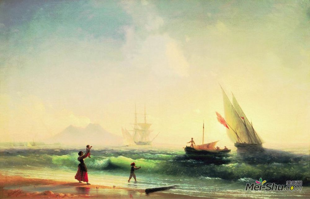 艾伊瓦佐夫斯基(Ivan Aivazovsky)高清作品《会议的那不勒斯海湾海岸渔民》